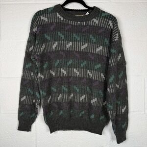 VTG Adam Sloane Shaggy Wool Blend Sweater S Gray Geometric Grandpa Knit 80s/90s